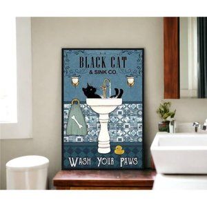Vintage Tin Sign | Art Toilet Bathroom Wall Plaque | Cute Kitty Decor 8x12 in
